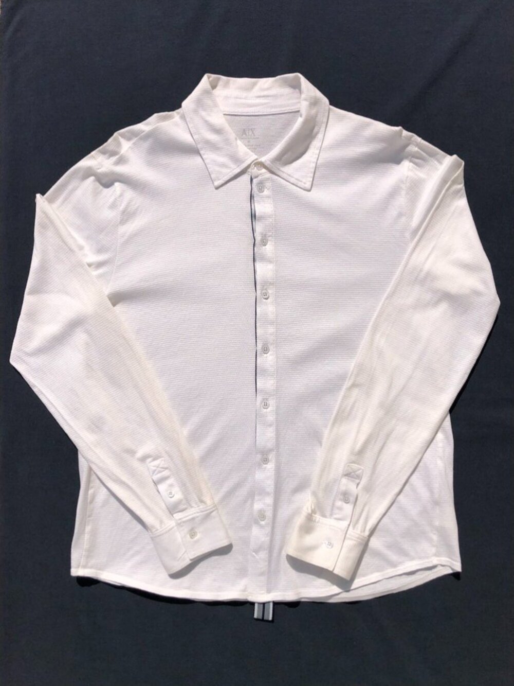 Armani Exchange Mens M White Knit Button Up Shirt Striped Ribbon Placket Trim AX